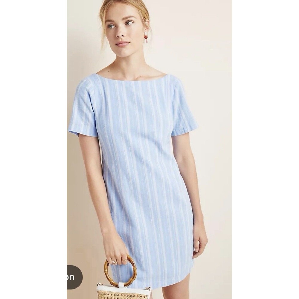 Anthropologie Cape May Back Bow Mini Dress Blue White Striped Linen US 6 Boho